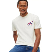 T-shirt Tommy Hilfiger pour homme en coton biologique couleur crème, avec logo coloré sur la poitrine et la manche (blanc).