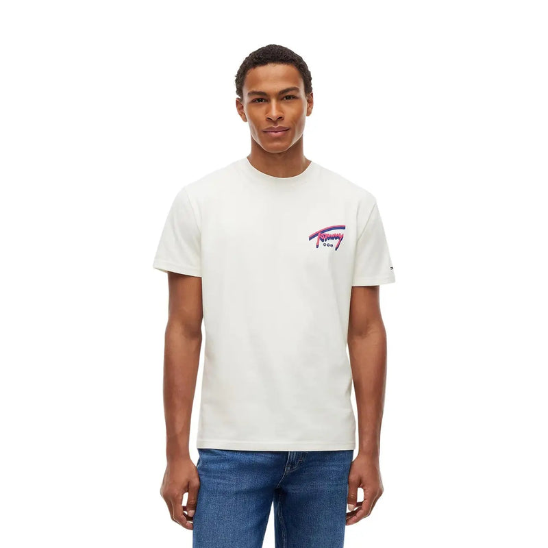Tommy Hilfiger T-shirt homme en coton bio blanc avec logo coloré sur le devant gauche