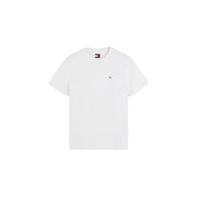 Tommy Hilfiger T-shirt blanc en coton bio pour homme, avec petit logo sur la poitrine gauche et étiquette de marque au col.