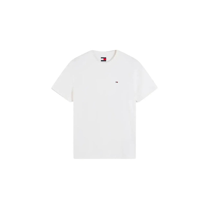Tommy Hilfiger T-shirt blanc en coton bio pour homme, avec petit logo sur la poitrine gauche et étiquette de marque au col.
