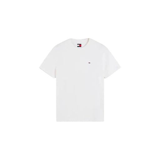 Tommy Hilfiger T-shirt blanc en coton bio pour homme, avec petit logo sur la poitrine gauche et étiquette de marque au col.