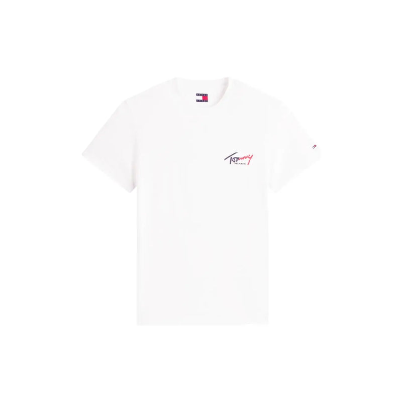 Tommy Hilfiger T-shirt blanc en coton bio pour homme, orné d'un logo discret rose et noir sur la poitrine.