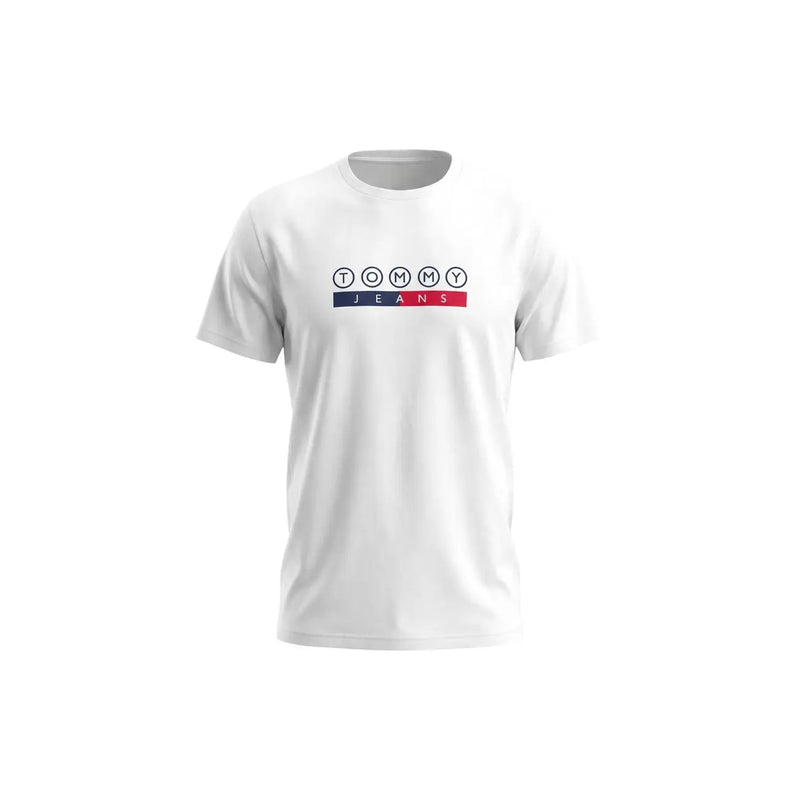 Tommy Hilfiger T-shirt blanc en coton bio pour homme, orné du logo Tommy classique noir sur une rayure rouge et marine.