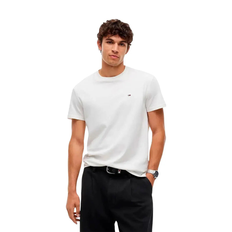 Blanc Tommy Hilfiger T-shirt homme en coton bio à col rond avec petit logo sur le devant gauche