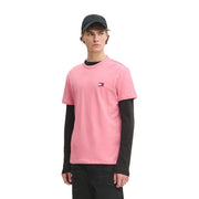 Tommy Hilfiger T-shirt rose en coton bio pour homme, manches courtes, petit logo sur la poitrine, coupe classique