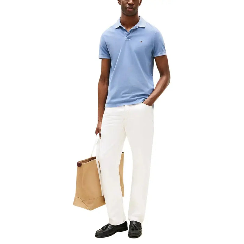 bleu clair Tommy Hilfiger Polo homme à manches courtes en coton avec petit logo brodé sur la poitrine