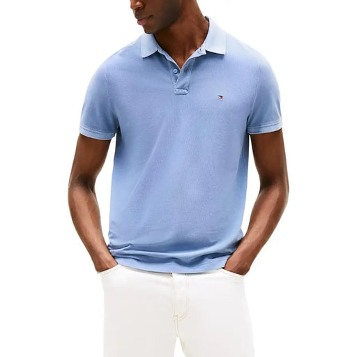 bleu clair Tommy Hilfiger Polo homme à col classique, patte de boutonnage, manches courtes et tissu en coton