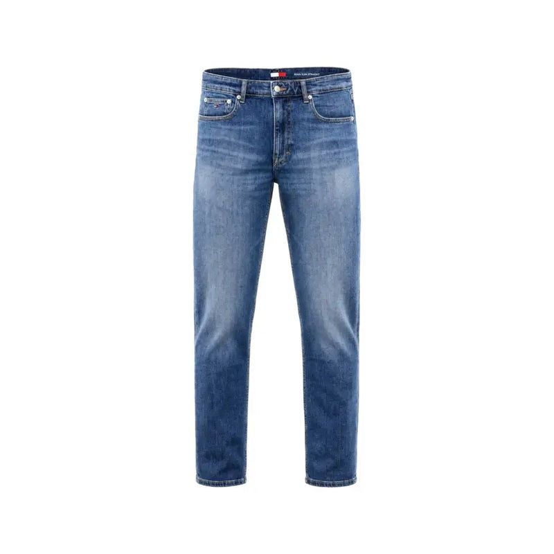 Tommy Hilfiger Jean Ryan slim droit pour homme, en denim bleu, avec une coupe classique à cinq poches et une étiquette de marque à la ceinture.