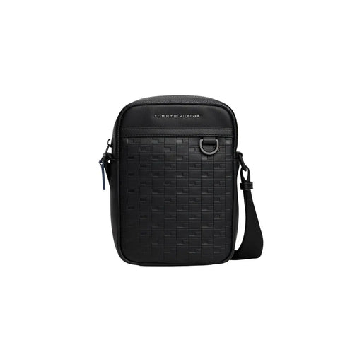 Sac bandoulière Tommy Hilfiger pour homme, noir, en polyuréthane tissé texturé, au design minimaliste et élégant.
