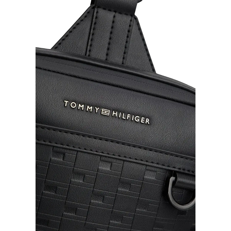 Sac bandoulière Tommy Hilfiger pour homme, noir, en cuir polyuréthane tissé texturé avec détails de surpiqûres, 24 x 33 x 9 cm