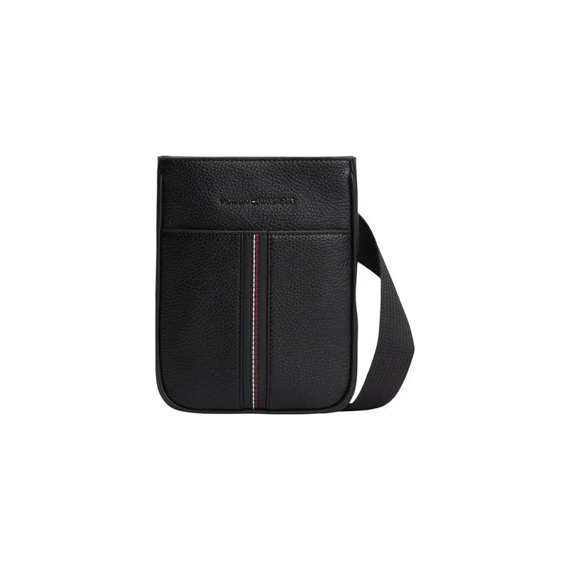 Tommy Hilfiger Sac bandoulière homme en cuir texturé noir avec poche zippée et détails rayés rouges et blancs 21 x 25 x 5 cm