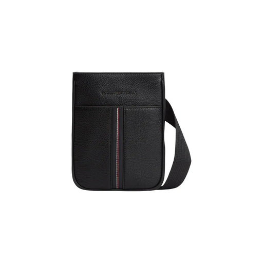 Tommy Hilfiger Sac bandoulière homme en cuir texturé noir avec poche zippée et détails rayés rouges et blancs 21 x 25 x 5 cm