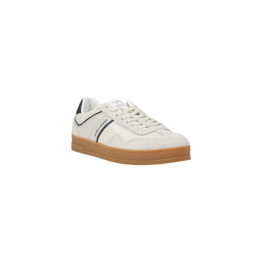 Tommy Hilfiger Baskets pour hommes en cuir blanc avec détails noirs et semelle en caoutchouc beige, au design classique