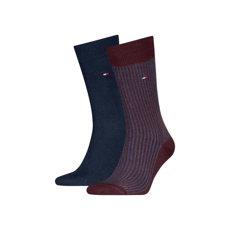 A pair of tommy hilfiger men crew socks in navy and maroon stripes made from a cotton blend 2 pack