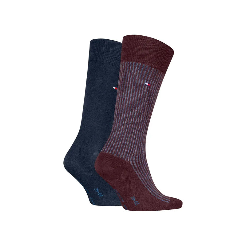 A pair of tommy hilfiger men socks in navy and maroon ribbed cotton blend for dress wear two pack