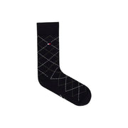 Tommy Hilfiger men socks cotton black argyle with white diamond patterns and red white and blue logo on the cuff