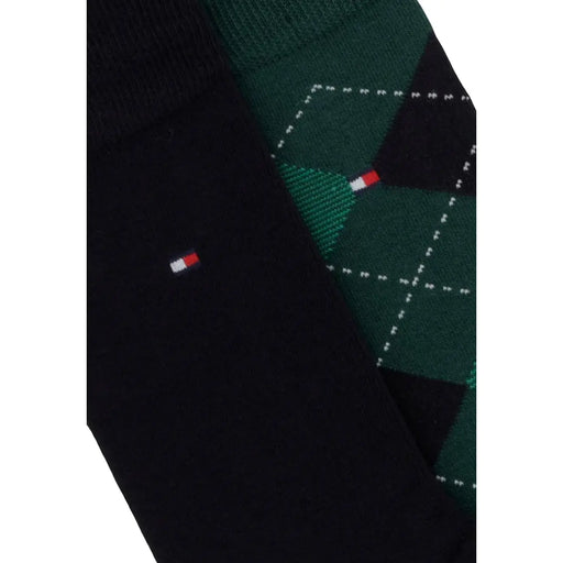 Tommy Hilfiger Chaussettes homme en mélange de coton vert, motif losanges noir et vert foncé avec lignes pointillées blanches et logo sur le côté