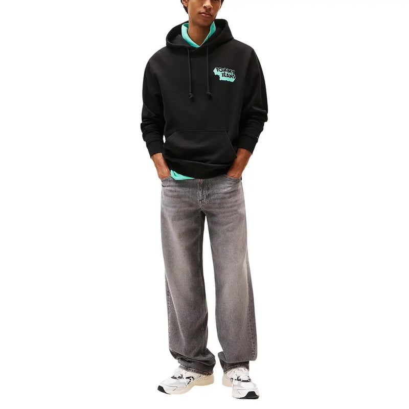 Tommy Hilfiger Sweat-shirt à capuche noir en coton biologique pour homme, doublure intérieure turquoise et logo assorti sur la poitrine.