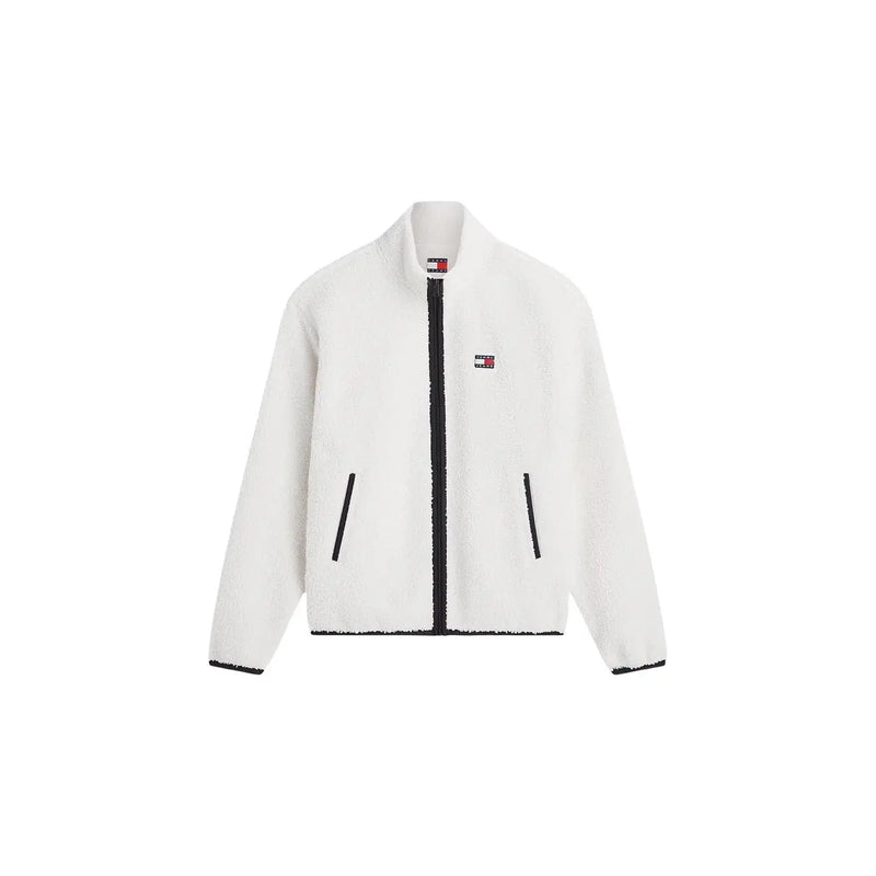 Tommy Hilfiger Sweat-shirt homme en polaire blanche avec fermeture éclair et finitions noires, en polyester et capuche.