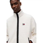 Tommy Hilfiger Sweat-shirt homme, veste polaire blanche avec fermeture éclair noire et écusson logo, en tissu polyester.