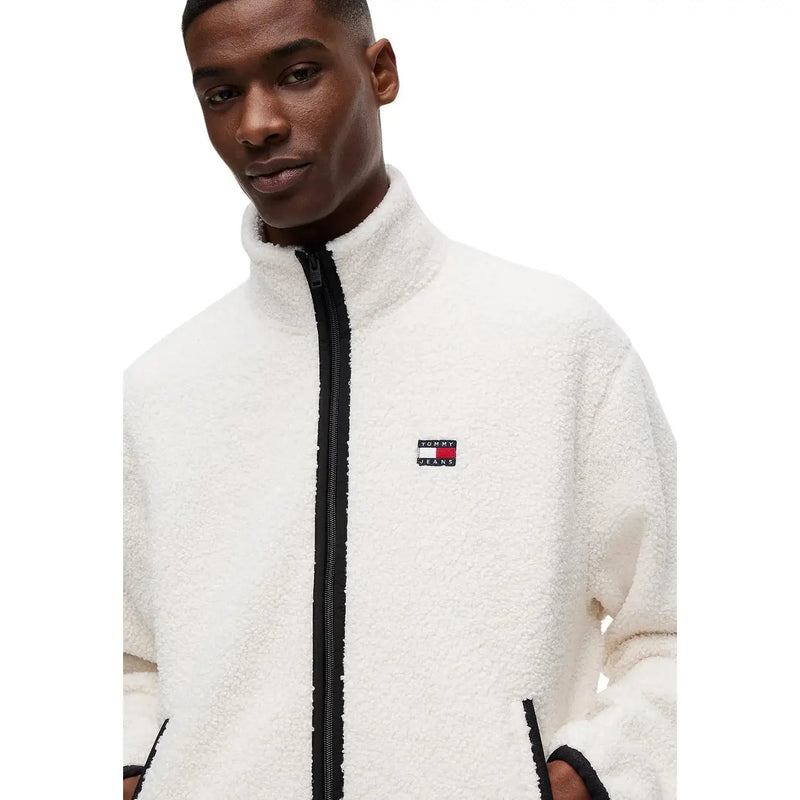 Tommy Hilfiger Sweat-shirt homme, veste polaire blanche avec fermeture éclair noire et écusson logo, en tissu polyester.