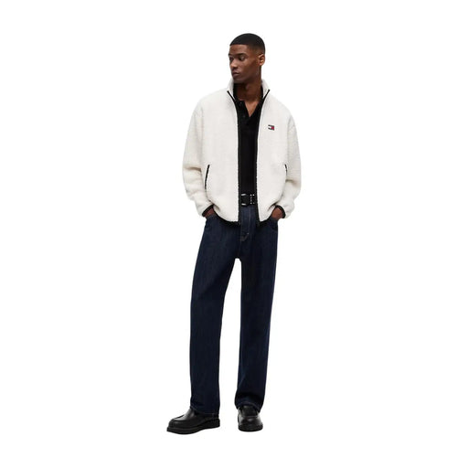 Tommy Hilfiger Sweat-shirt homme blanc à capuche, fermeture éclair, doublure en peau lainée blanche et logo sur la poitrine gauche