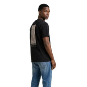 Back side of a black tommy hilfiger jeans men t-shirt with a vertical muted graphic print and jeans text