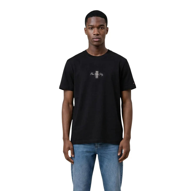 Tommy Hilfiger Jeans men t-shirt black short-sleeved with white new york city graphic and gray vertical stripe on chest