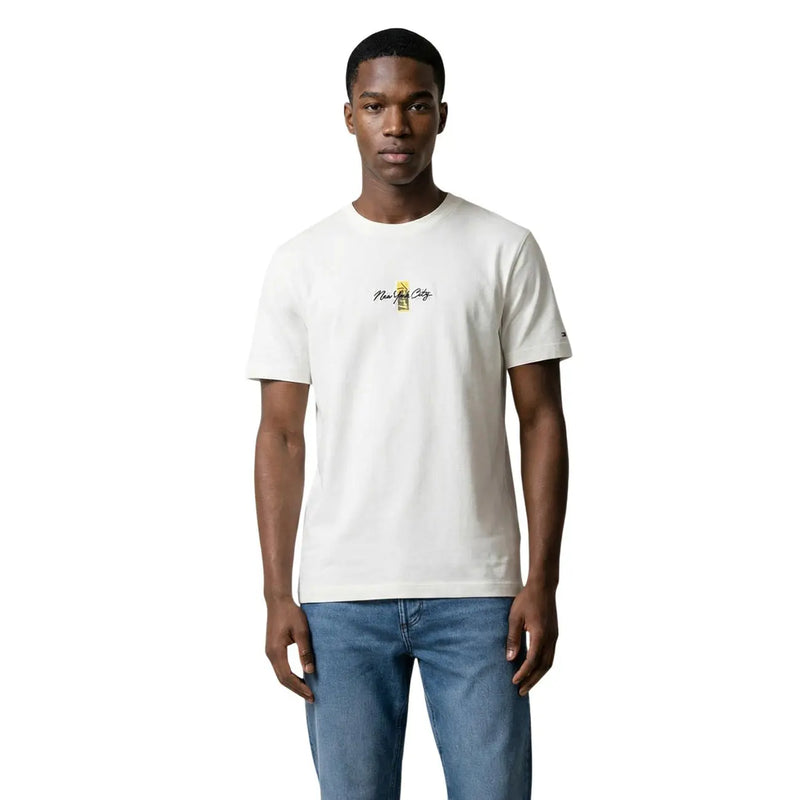 Tommy Hilfiger Jeans men t-shirt white cotton with small yellow and black new york city graphic on chest