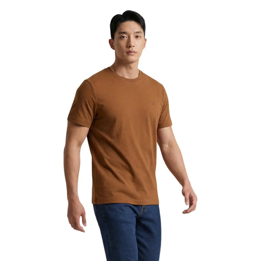 Tommy Hilfiger men t shirt brown cotton with small embroidered logo on left chest regular fit casual wear