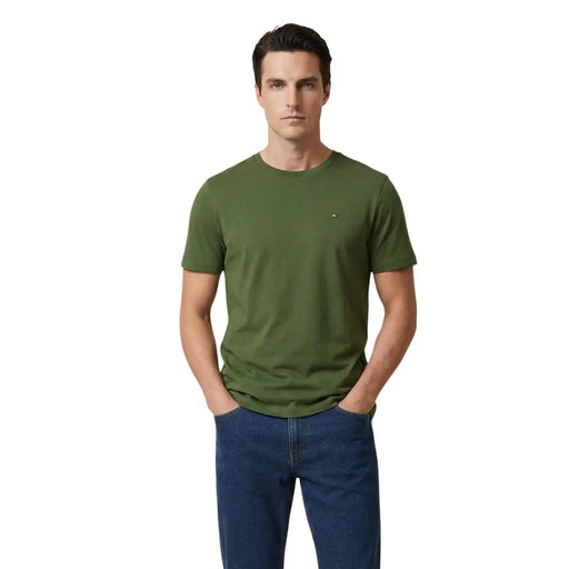 Tommy Hilfiger men t shirt in olive green organic cotton with classic crew neck and small flag logo on left chest