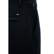 Black tommy hilfiger men trousers with subtle textured weave and signature red white and blue logo on waistband and pocket