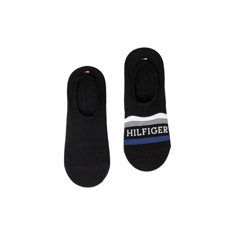 Chaussettes invisibles noires Tommy Hilfiger avec bande rayée blanche et marine et logo de marque bien visible, pour sous-vêtements masculins