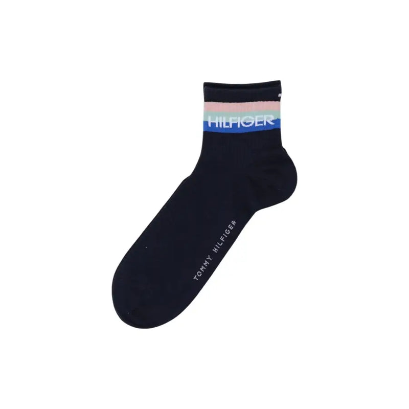 Chaussettes Tommy Hilfiger bleu marine foncé avec revers rayé coloré et broderie verticale, collection de sous-vêtements pour hommes