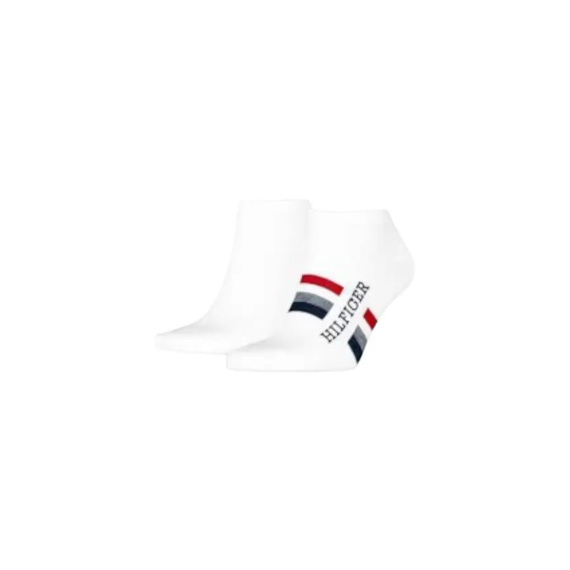 Blanc Tommy Hilfiger Chaussettes pour hommes avec un logo rayé rouge, bleu marine et gris sur le côté, à porter comme sous-vêtements