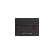 Tommy Hilfiger Portefeuille homme en cuir noir texturé avec porte-cartes et surpiqûres rouges et blanches discrètes sur le bord.
