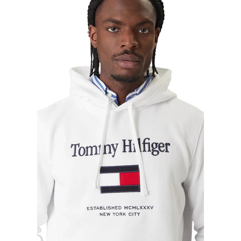 Tommy Hilfiger Sweat-shirt blanc en coton pour homme avec logo noir audacieux et écusson emblématique drapeau rouge, blanc et marine