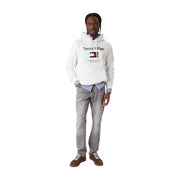 Tommy Hilfiger Sweat à capuche blanc en coton pour homme, orné d'un logo imposant et d'un texte rayé sur la poitrine.