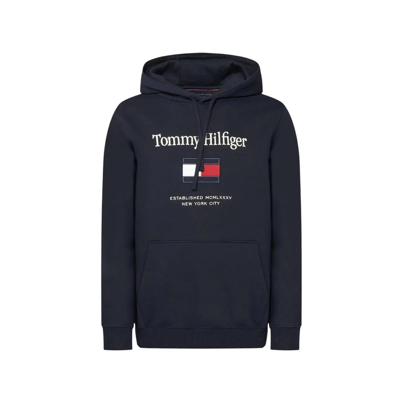 Tommy Hilfiger Sweat-shirt blanc en coton pour homme avec capuche bleu marine foncé ornée d'un logo blanc et de l'inscription « New York City » en dessous