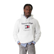 Tommy Hilfiger Sweat-shirt blanc en coton pour homme, avec inscription noire et logo drapeau rouge, blanc et bleu sur la poitrine