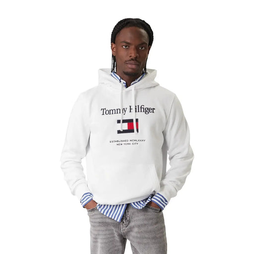 Tommy Hilfiger Sweat-shirt blanc en coton pour homme, avec inscription noire et logo drapeau rouge, blanc et bleu sur la poitrine