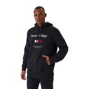 Sweat à capuche Tommy Hilfiger en coton noir avec logo blanc et emblème drapeau rouge, blanc et bleu sur la poitrine pour homme