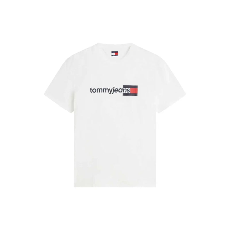 Tommy Hilfiger T-shirt homme en coton bio blanc avec logo Tommy Jeans noir et emblème du drapeau rouge, blanc et bleu sur la poitrine
