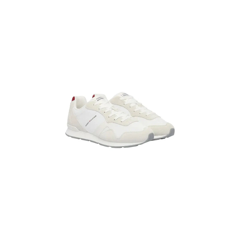 Tommy Hilfiger Baskets blanches pour homme en polyester, à lacets, avec de subtils accents gris et un design minimaliste épuré.