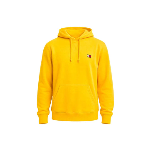 Sweat à capuche Tommy Hilfiger jaune vif pour homme, en coton biologique, avec un petit logo sur la poitrine gauche.