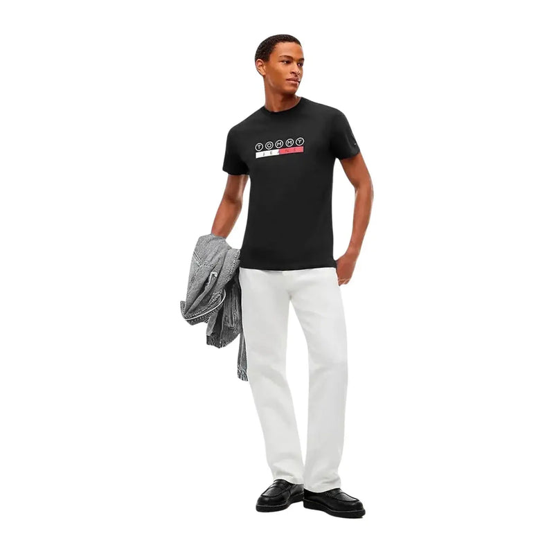 Tommy Hilfiger T-shirt noir en coton pour homme avec logo blanc et rouge sur la poitrine