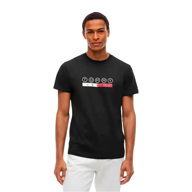 Tommy Hilfiger T-shirt noir en coton pour homme avec logo blanc et rouge sur la poitrine