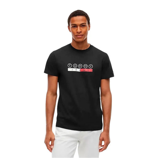 Tommy Hilfiger T-shirt noir en coton pour homme avec logo blanc et rouge sur la poitrine