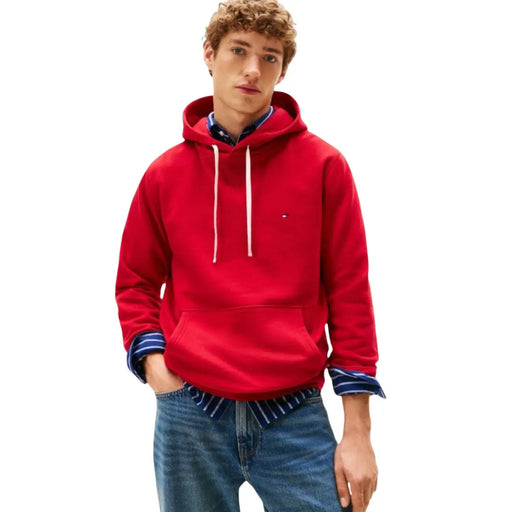 Tommy Hilfiger Sweat-shirt à capuche rouge en coton pour homme, avec cordons de serrage blancs et petit logo sur la poitrine