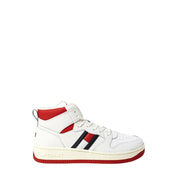 Tommy Hilfiger men’s white high-top sneakers with rubber soles, red and black stripes, red collar, and red sole